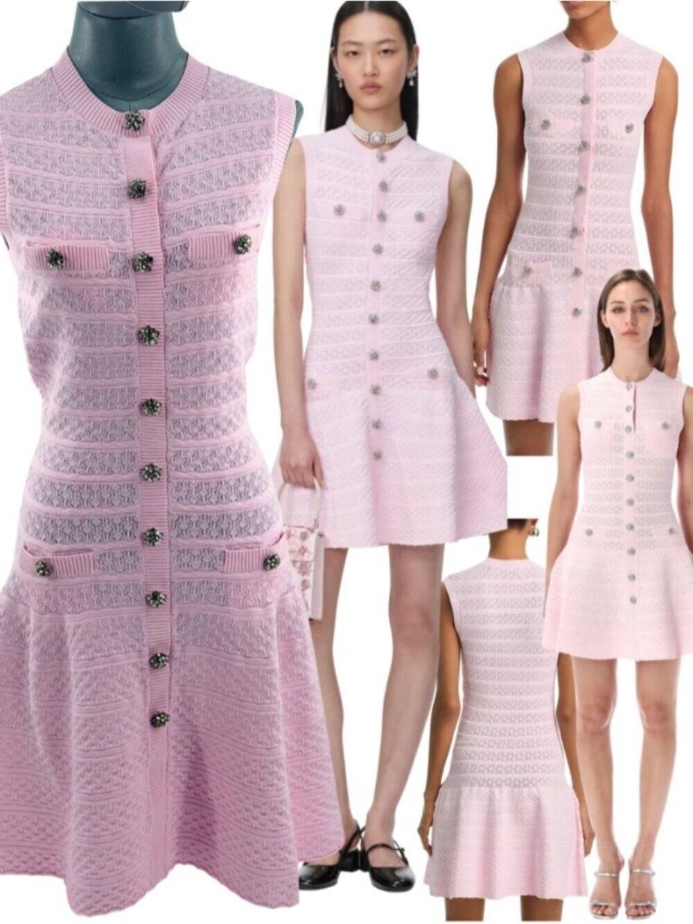 🆕 SELF-PORTRAIT 🧿 NWOT Pink Pointelle Diamante Button Knit Mini Dress, Sz M - Picture 1 of 16